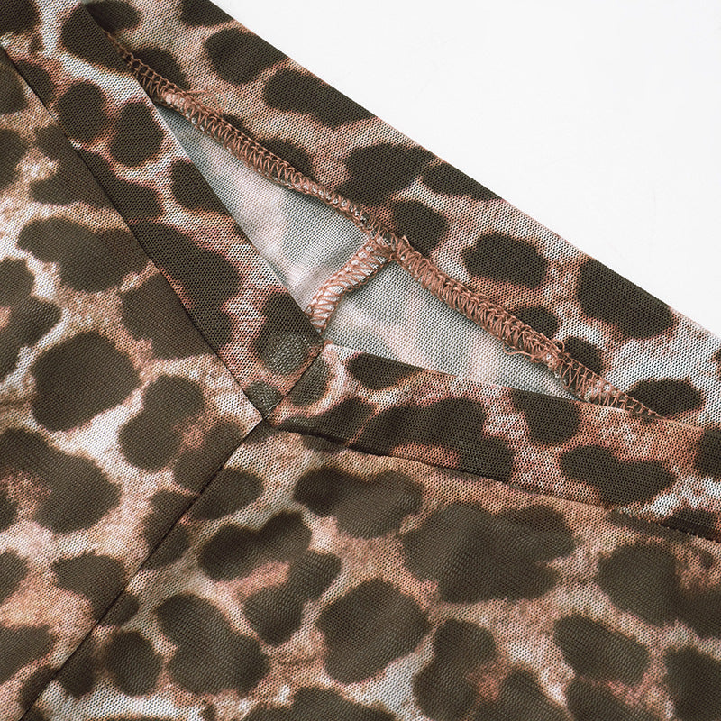 Women leopard print mesh long sleeve cape See-Through sexy two-piece set 15