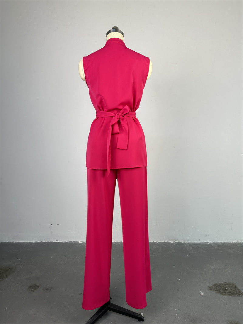 Women's Summer Stand Collar Buttoned Sleeveless Slim Waist Belt Top Wide Leg Pants Two Piece Set 16