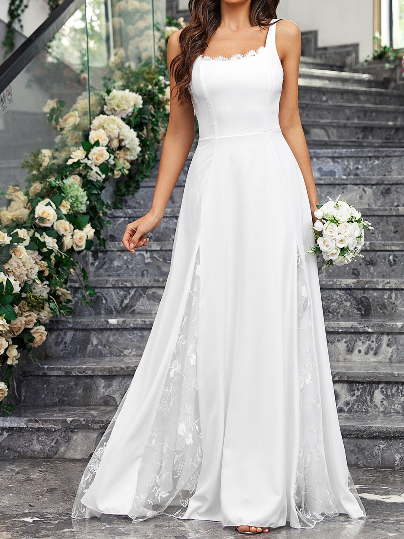 Summer Elegant Wedding Gown White Bridesmaid Dress Sleeveless Square Neck Large Swing Lace Dress 6