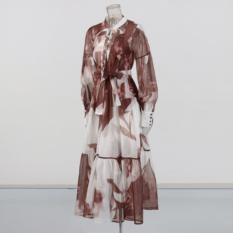 Women Vintage Paint Print Belt V-neck Long Sleeve Dress 17