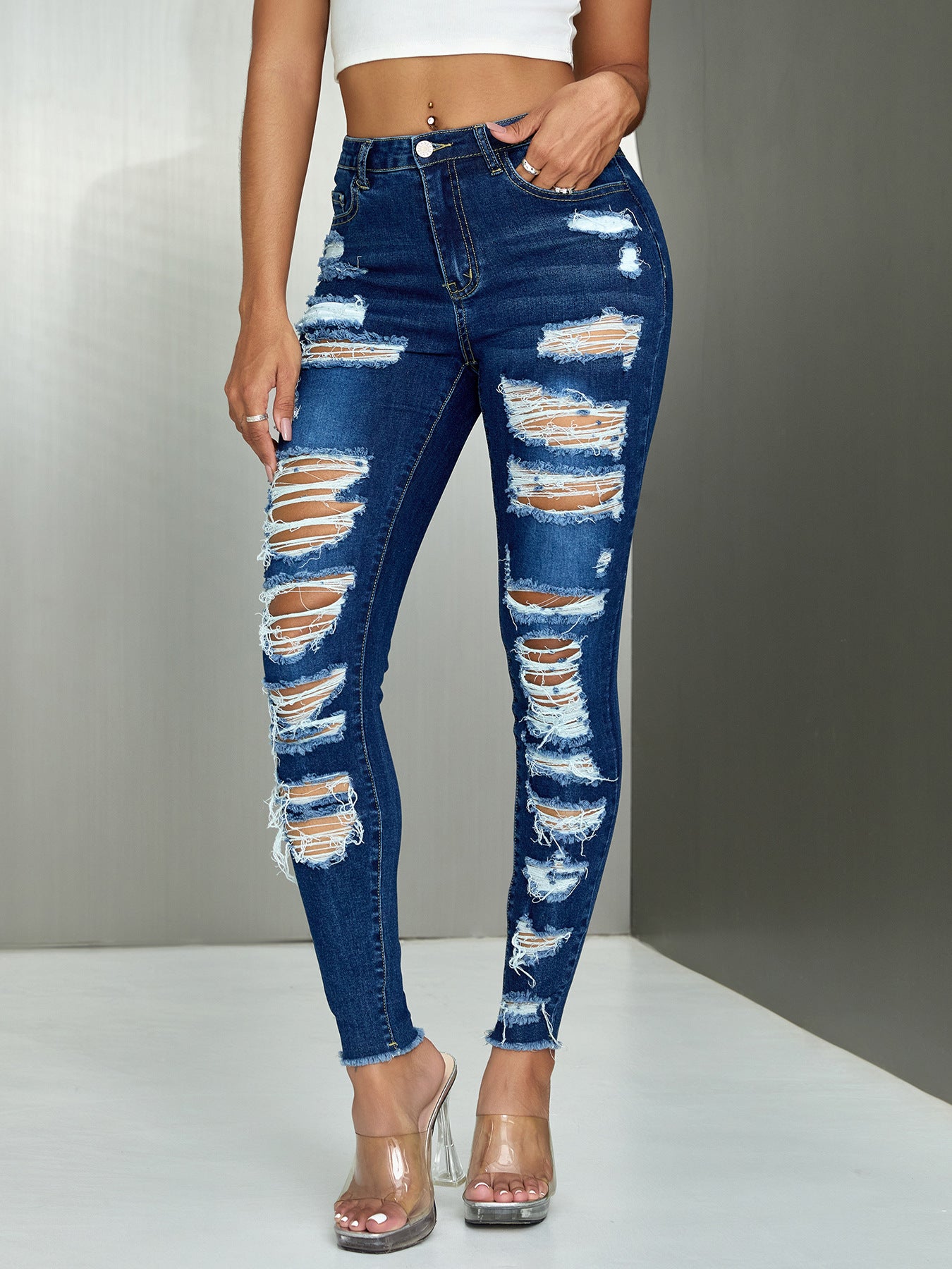 Multi-Ripped Stretch Tight Women's Denim Pants
