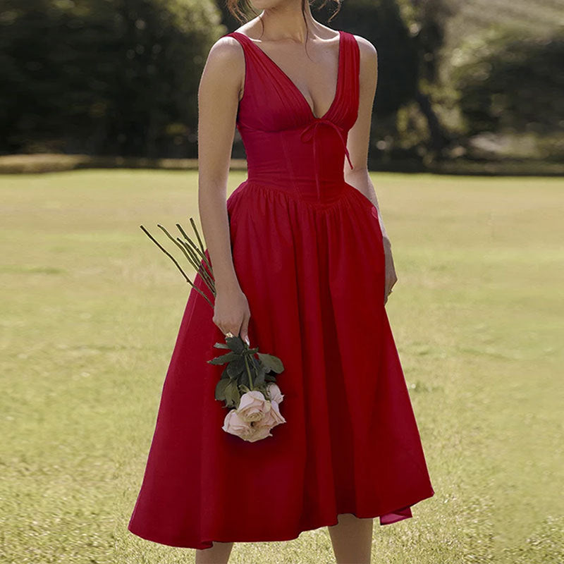 Autumn women's elegant fashion print Strap V-neck high waist Low Back a-line Dress 5