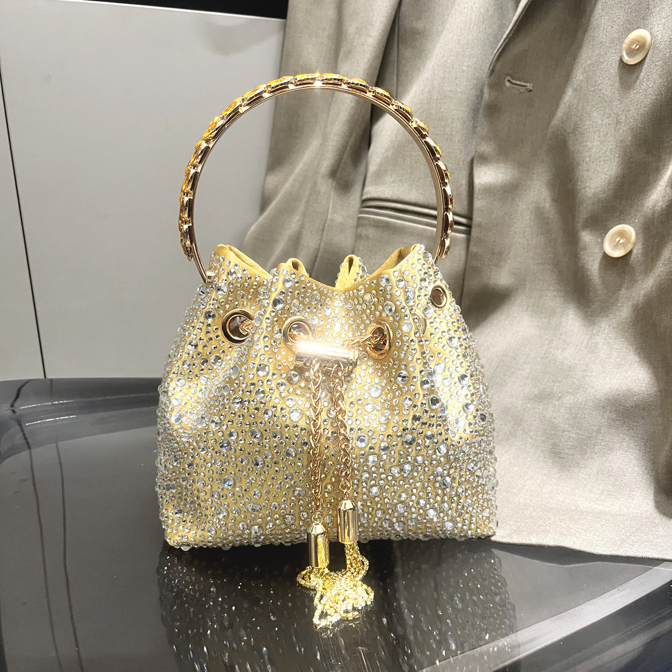 Women Autumn/Winter Bucket Bag Drawstring Beaded Shoulder/Crossbody Handbag 30