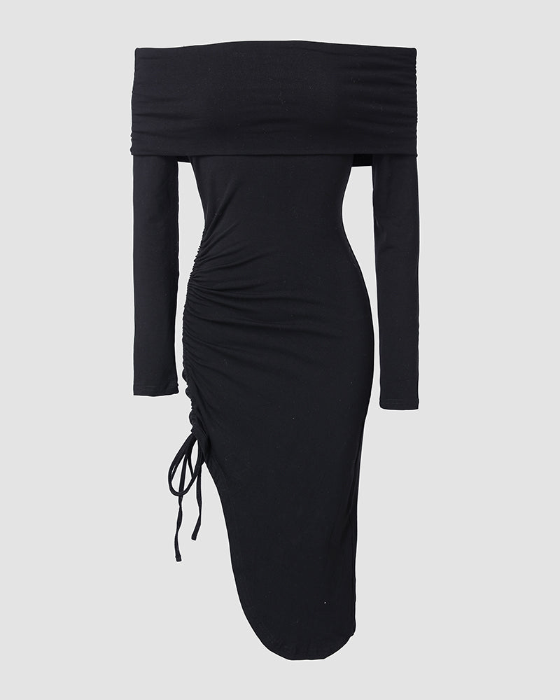Fashionable Solid Color Off-Shoulder Drawstring Gathered Side-Open Dress 6