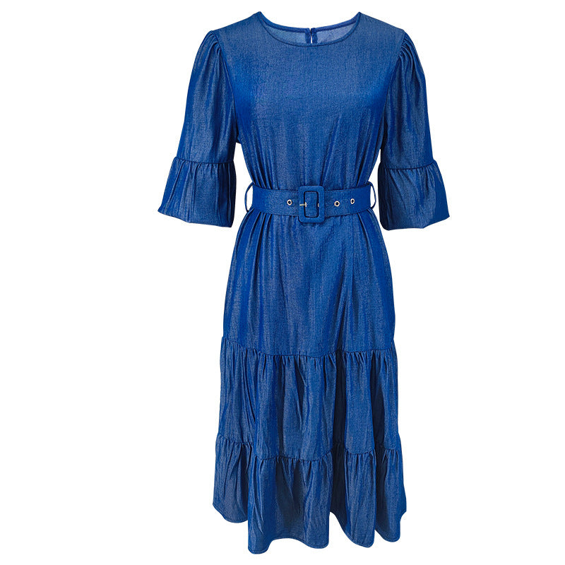 Women's Puff Sleeve Round Neck Fashion Denim Dress 6