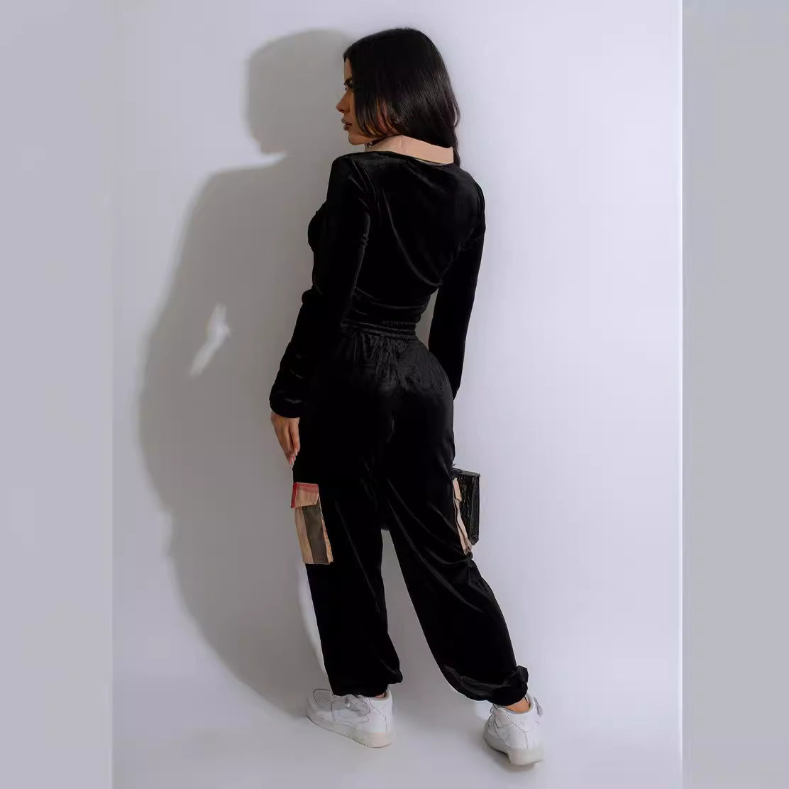 Autumn Winter Women's Clothing Printed Plaid Patchwork Velvet Long Sleeve Top Trousers Two-Piece Set 3