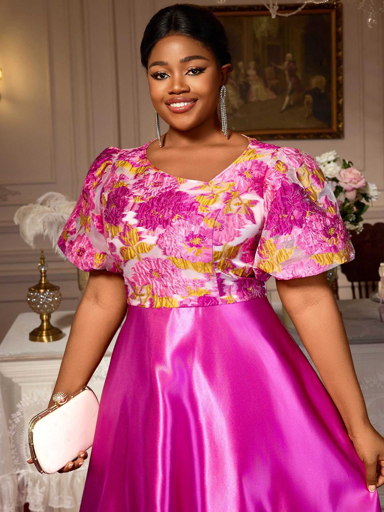 Plus Size Women's Floral Jacquard Satin Patchwork Midi Dress Slash Shoulder Puff Sleeve Formal Gown 7