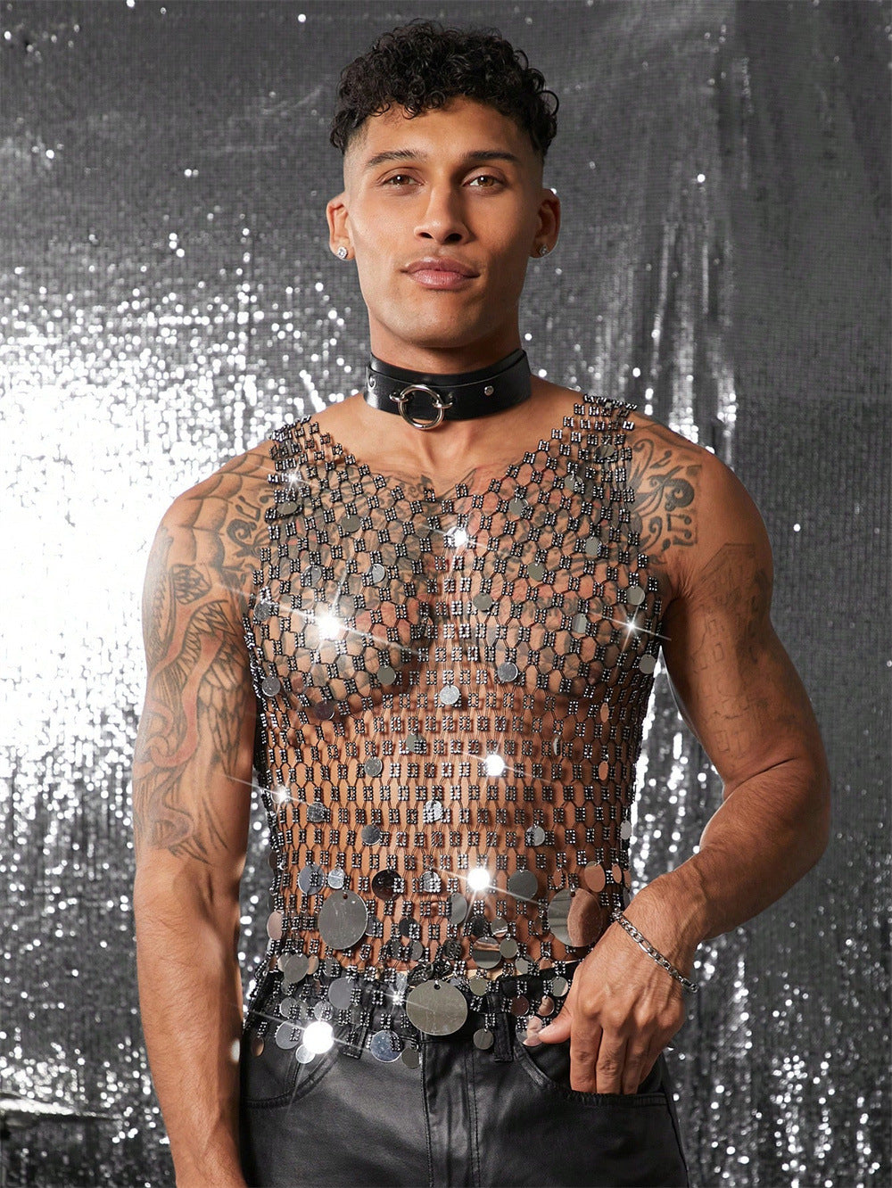 Men's Sexy Fishnet Sequin Charm Beach Tank Top 3