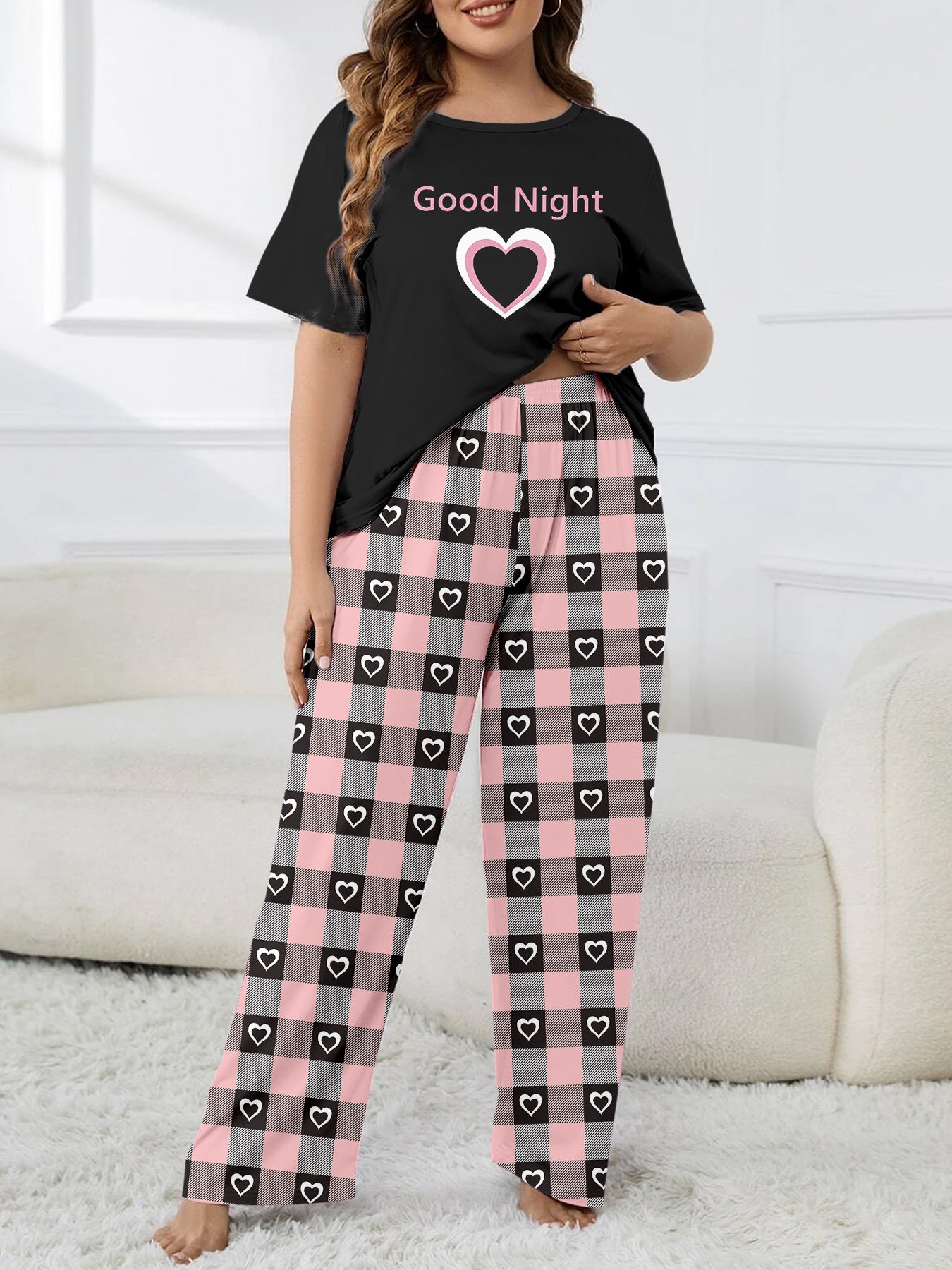Heart Print Plaid Casual Loungewear Plus Size Pajama Set 9