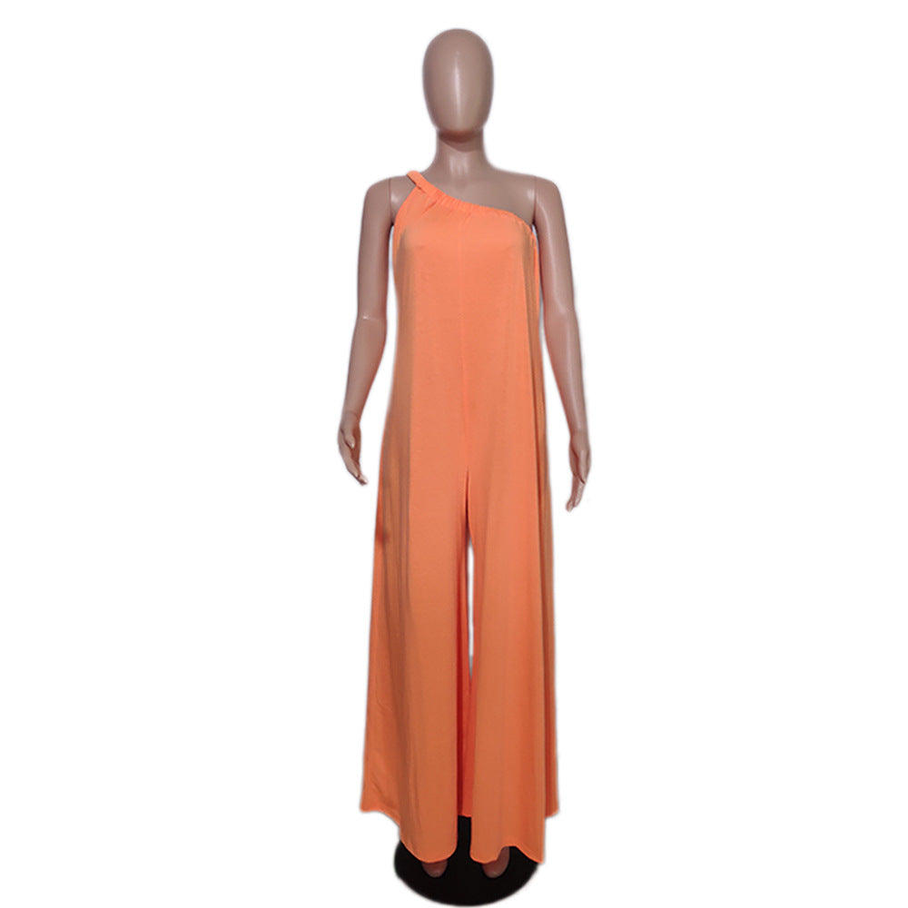 Women Solid Color Slash Shoulder Loose Jumpsuit 12