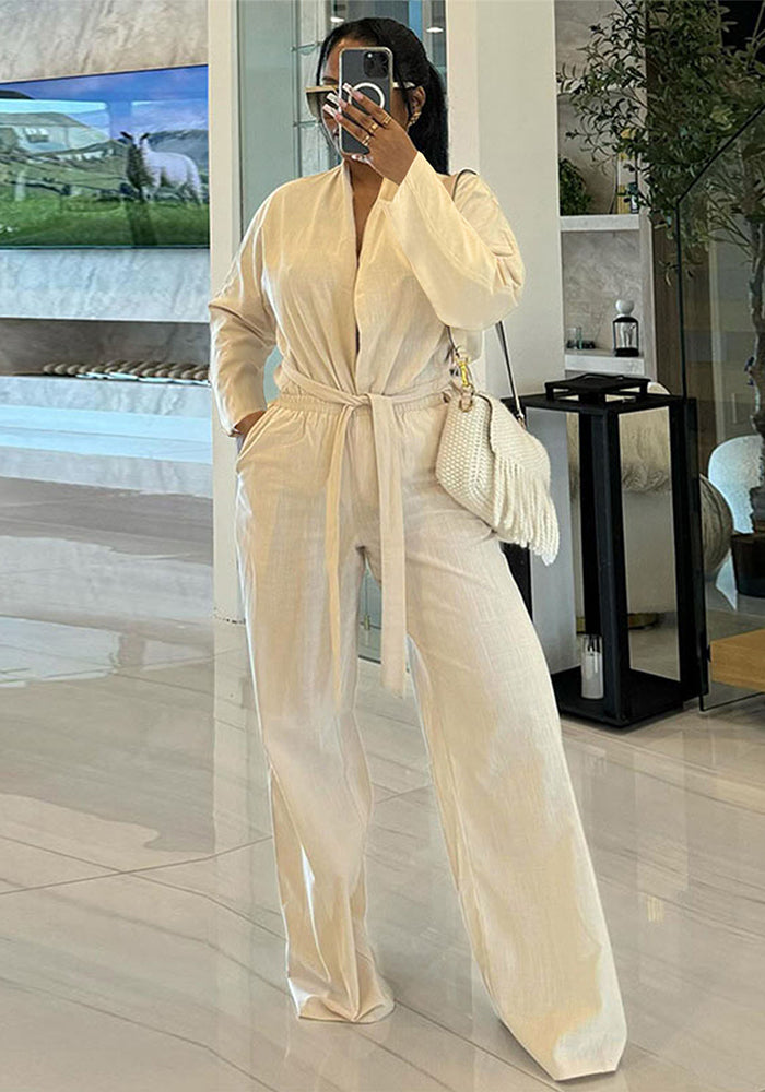 Women's Autumn Winter Elegant Solid Color Long Sleeve Lace-Up Belt Top Elastic Waist Pocket Straight Pants Two Piece Set