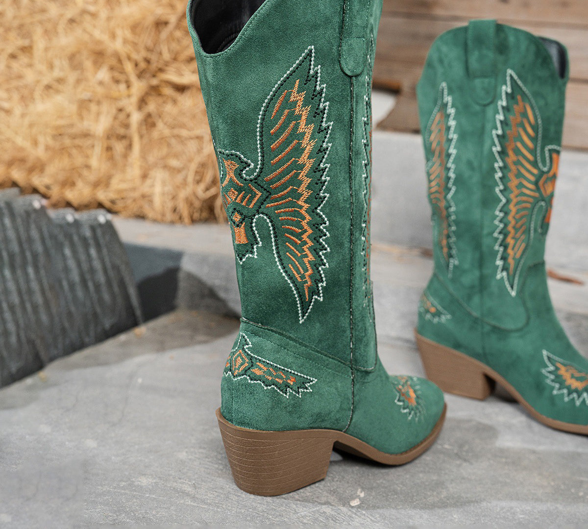 Women's Fashion Autumn Winter Mid Heel Round Toe Plus Size Embroidered Leather Boots 10