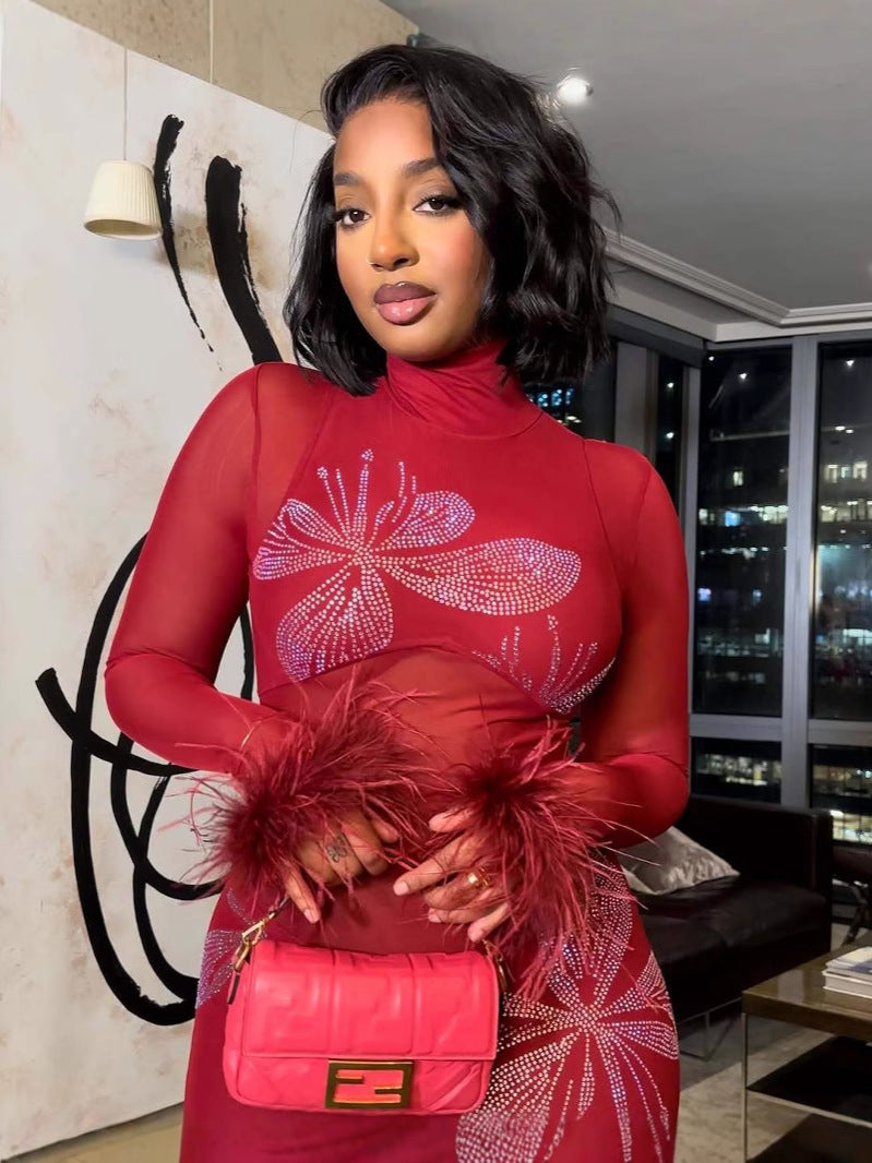 Fashion Print Mesh See-Through Fur Patchwork Slim Sexy Long Dress 5