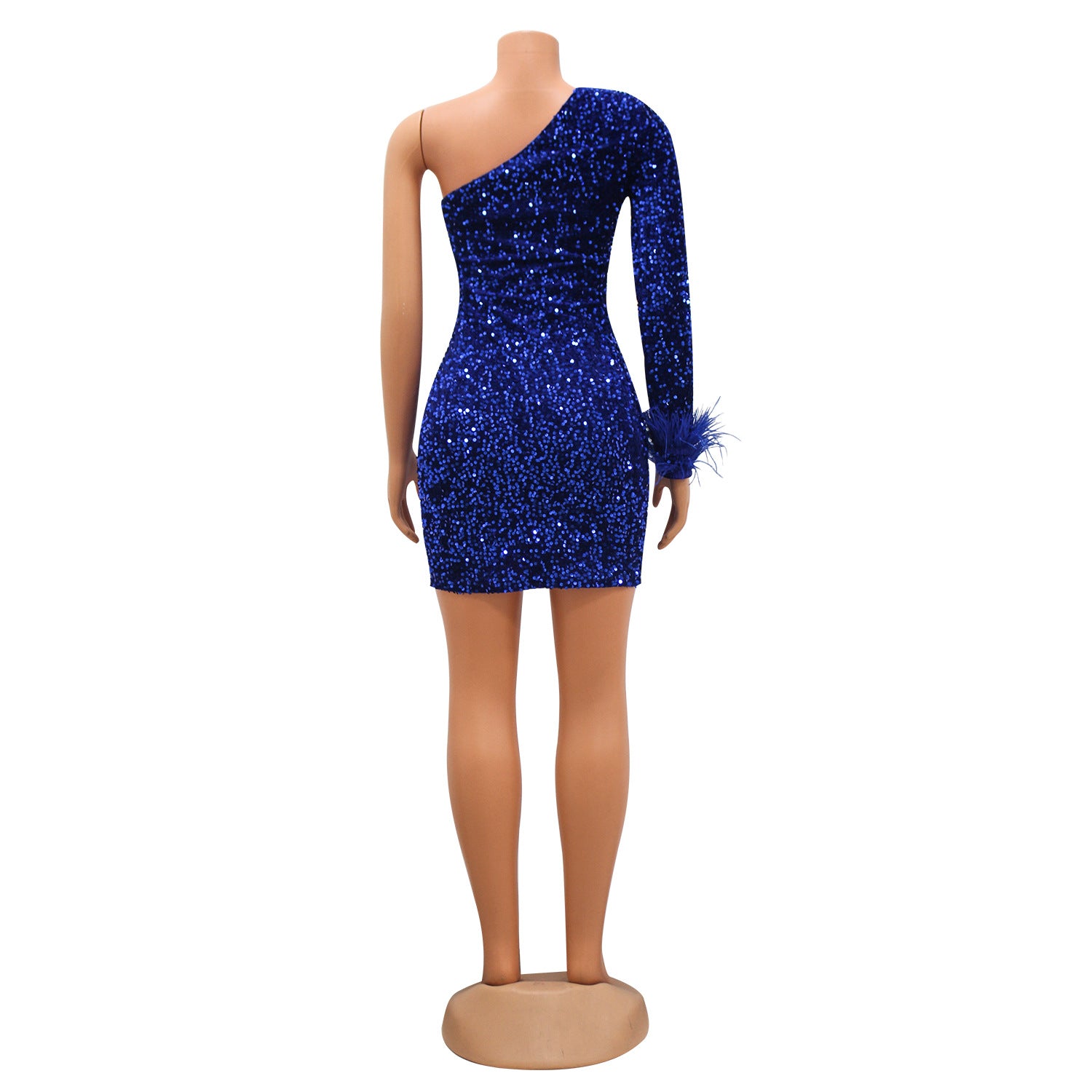 Summer Women's Sexy Tight Fitting Sequin Slash Shoulder Feather Sleeves Bodycon Dress 13