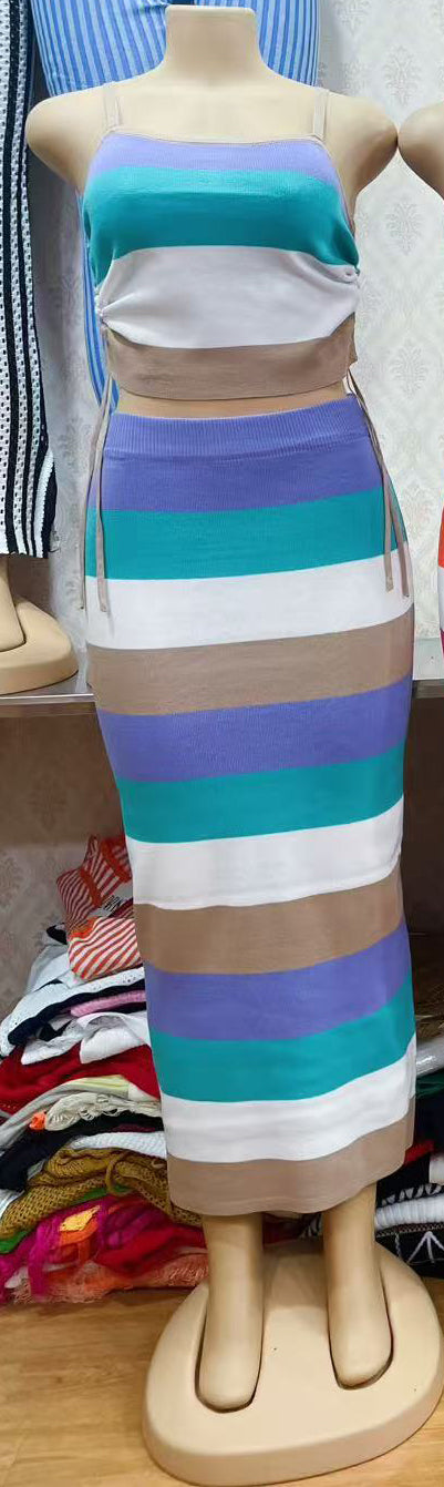 Knitting rainbow slim summer Strap two piece skirt set 5