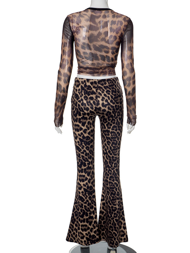 Women autumn sexy leopard print crop top and pant two piece set 7