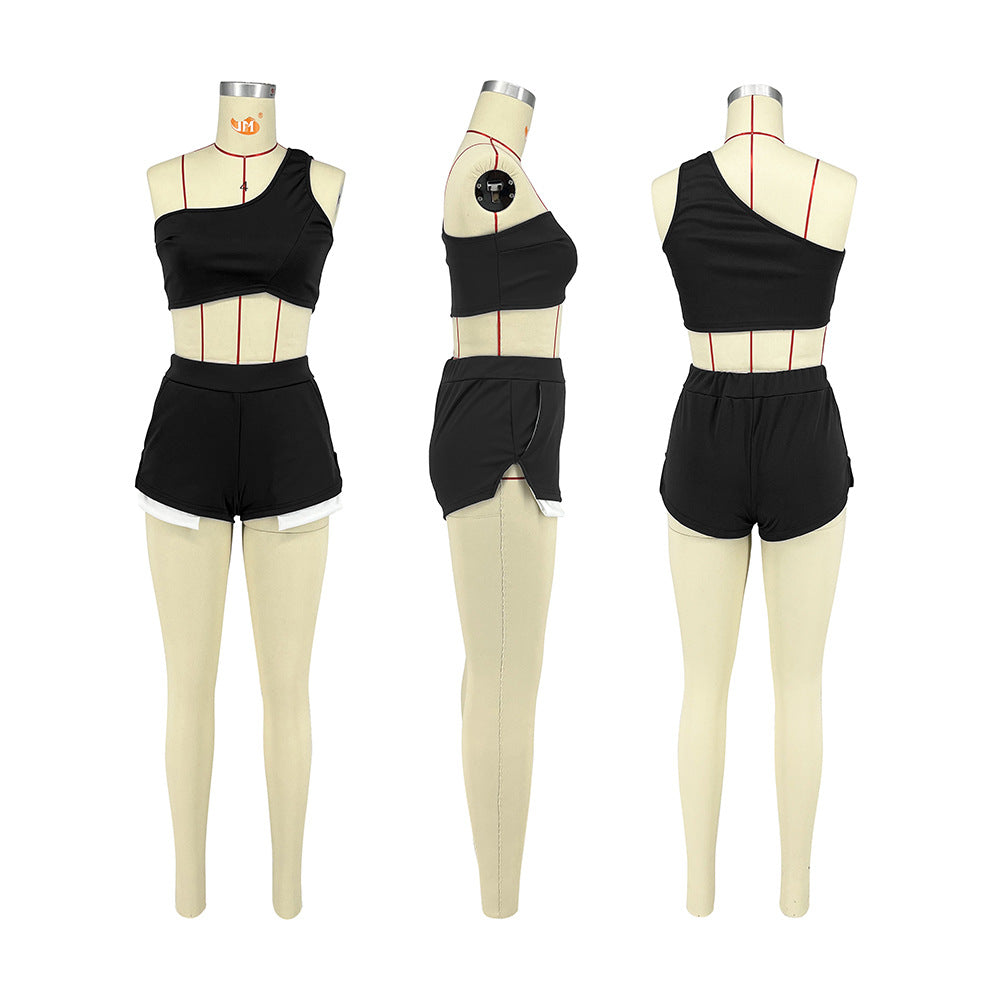 Women's Summer Solid Color One Shoulder Sexy Casual Sport Shorts Set 14