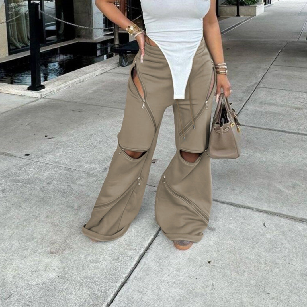 Women Patchwork Zipper Straight Bell Bottom Pants 6