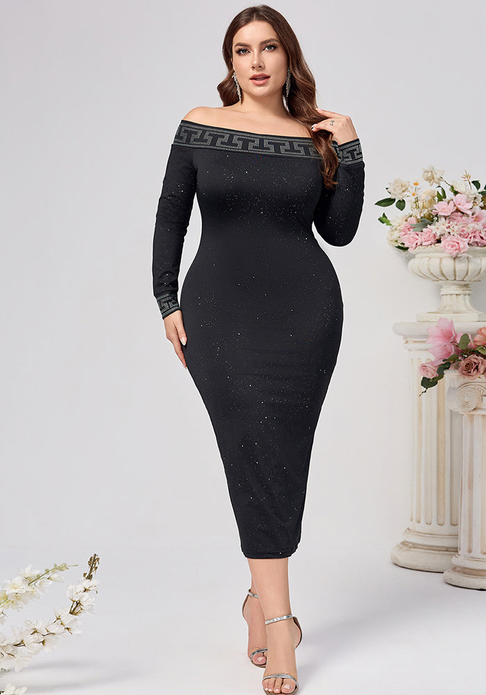 Plus Size Women Sexy Long Sleeve Sequin Off Shoulder Dress