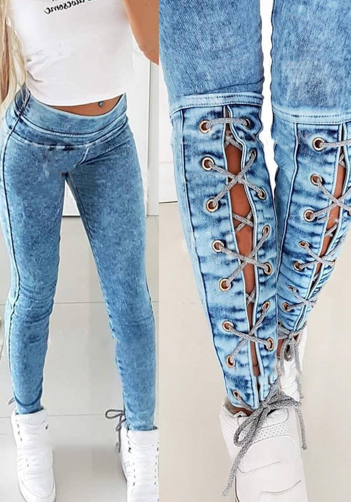 Women Fall High Waisted Style Lace-Up Denim Pants