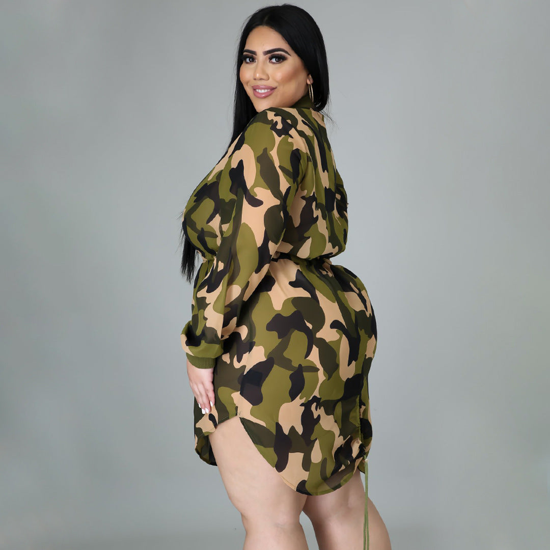 Women's Camouflage Print Lace-Up Slim Fit Casual Fashion Plus Size Dress 3