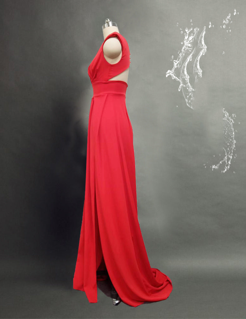 Women’s Chic Eveningwear Off Shoulder Solid Color Slit Maxi Dress 11