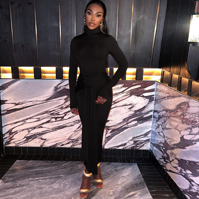 Women's Solid Color Round Neck Long-Sleeved Streamer Tie Chic Long Dress 9