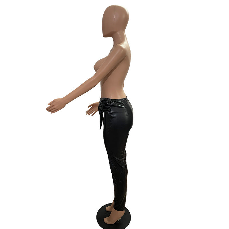 Women Stretch Belted Casual Pu Leather Pants 16