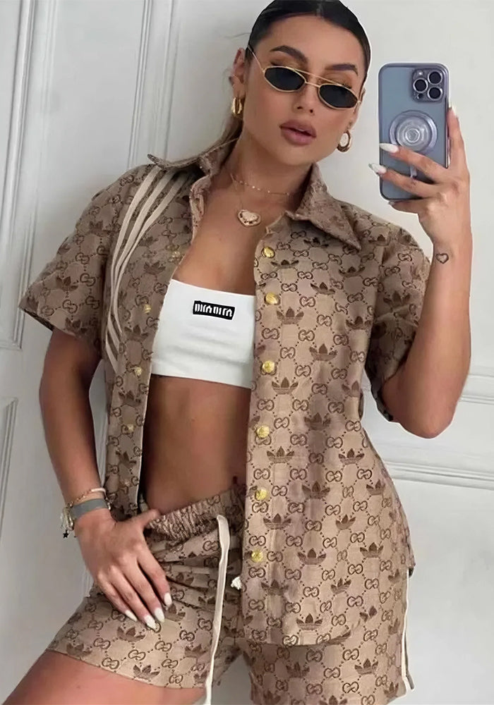 Women Print Turndown Collar Short-Sleeved Shirt