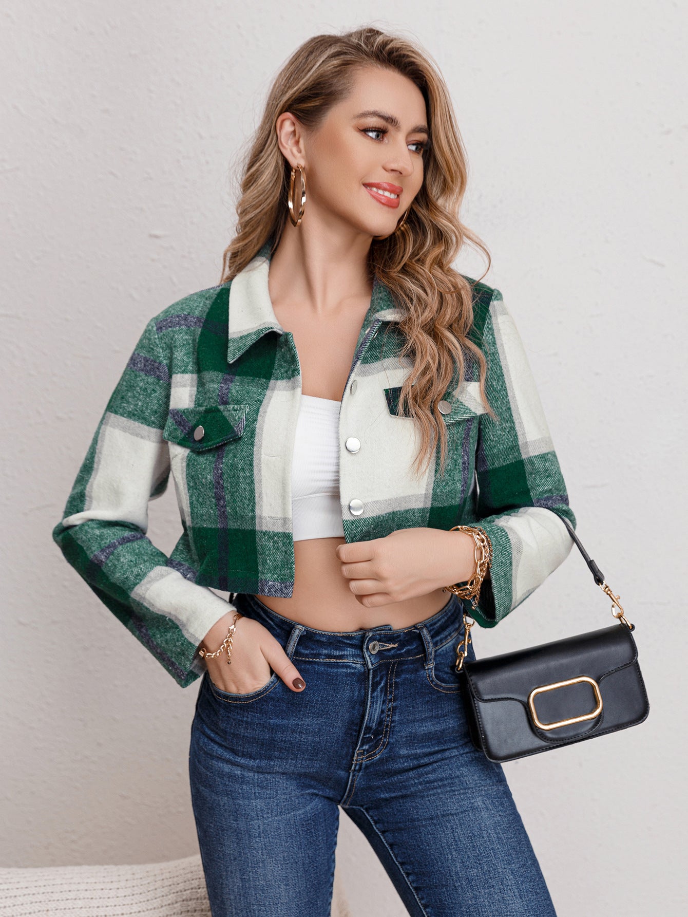 Spring Summer Women's Casual Single-Breasted Turndown Collar Plaid Long Sleeve Jacket 5