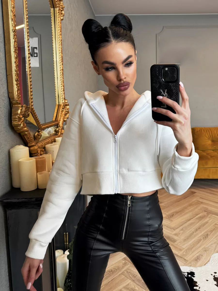 Autumn winter fashion zipper hooded drawstring solid color long sleeve Hoodies 9