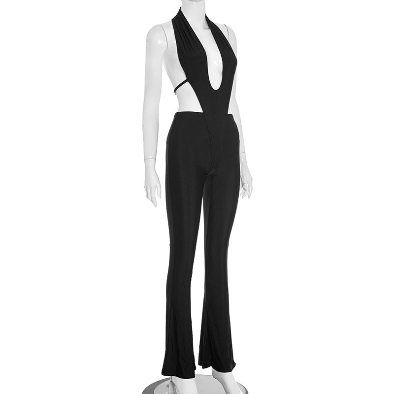 Women Spring/Summer Halter Neck V-Neck Solid Bell Bottom Cropped Jumpsuit 7