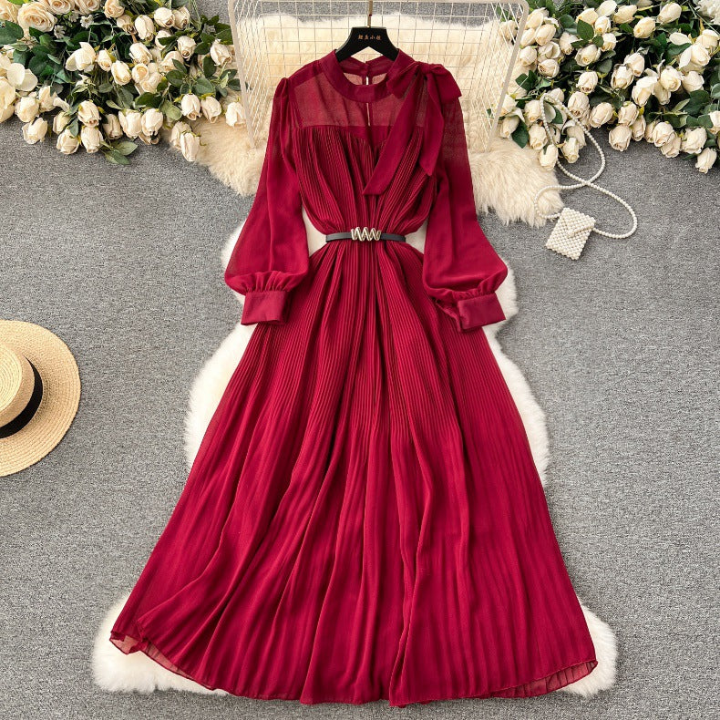 Spring Women's Bow Pleated Chiffon Puff Sleeve Long Dress
