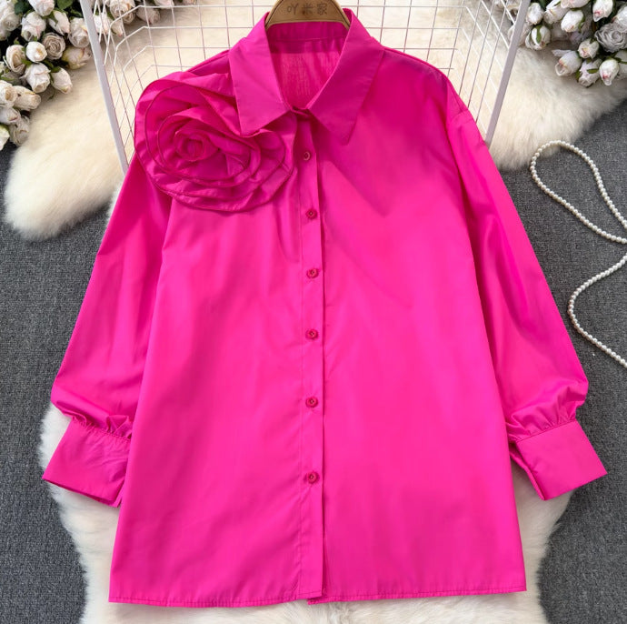 Women spring and autumn floral long-sleeved Turndown Collar Solid Casual Top 4