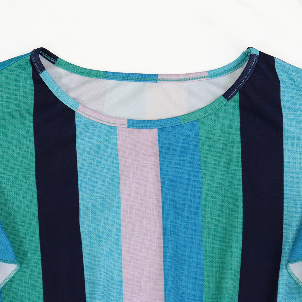 Women Striped Print Lace-Up Ruffle Sleeve Maxi Dress 7