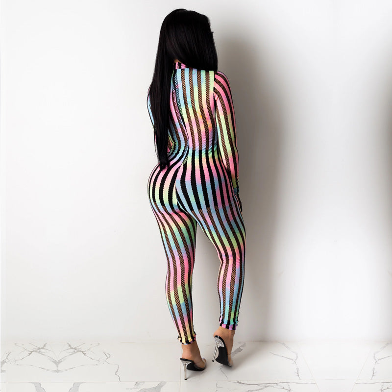 Striped Mesh Patchwork Casual Sexy Stretch Jumpsuit 11