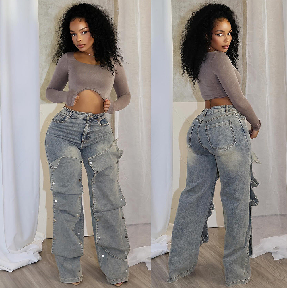 Women's Straight Denim Pants Autumn Street Trend Button High Waist Pants