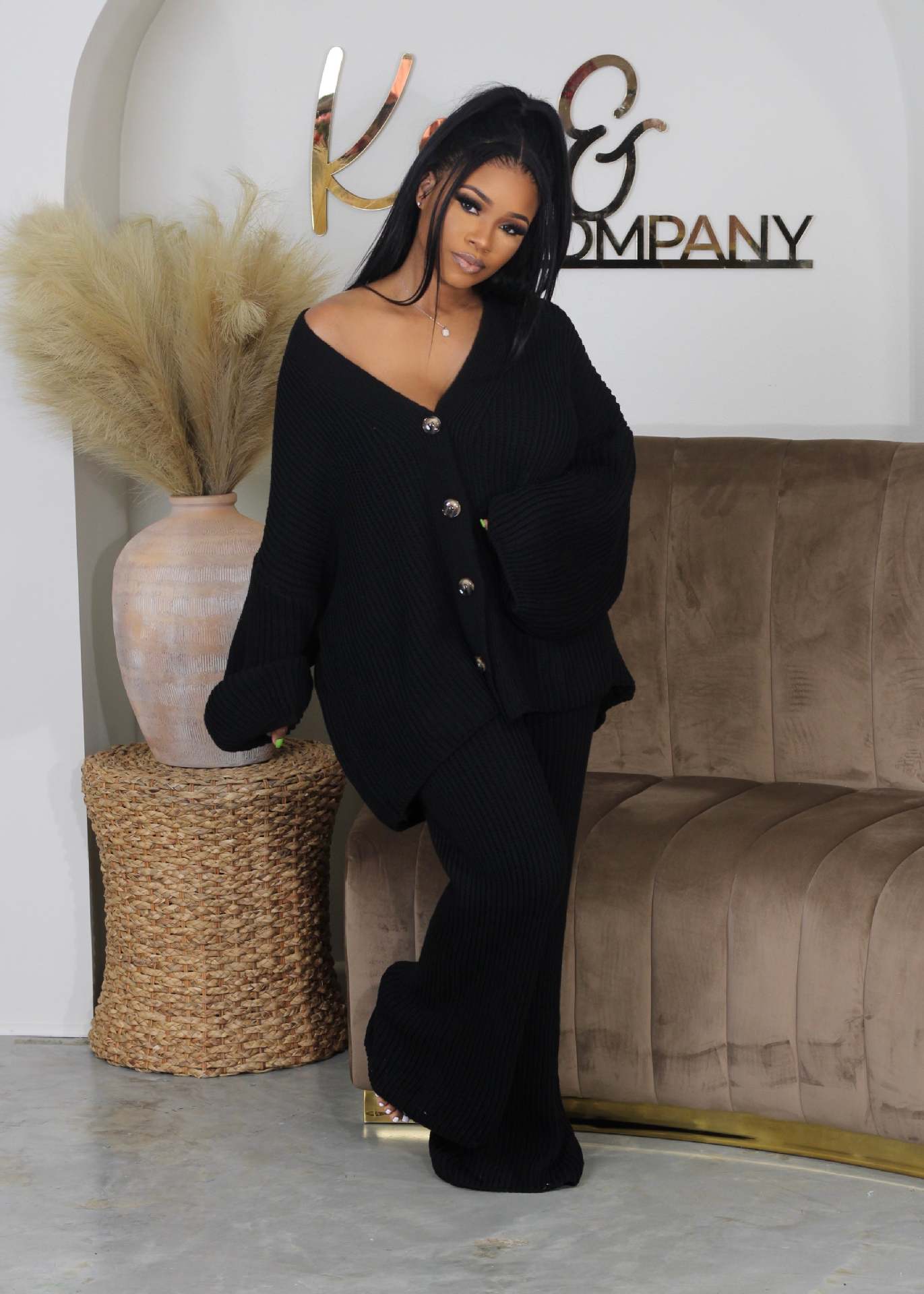 Women Fall/Winter Solidv-neck Button Top and Wide-leg Pants Sweater Two-piece Set 3