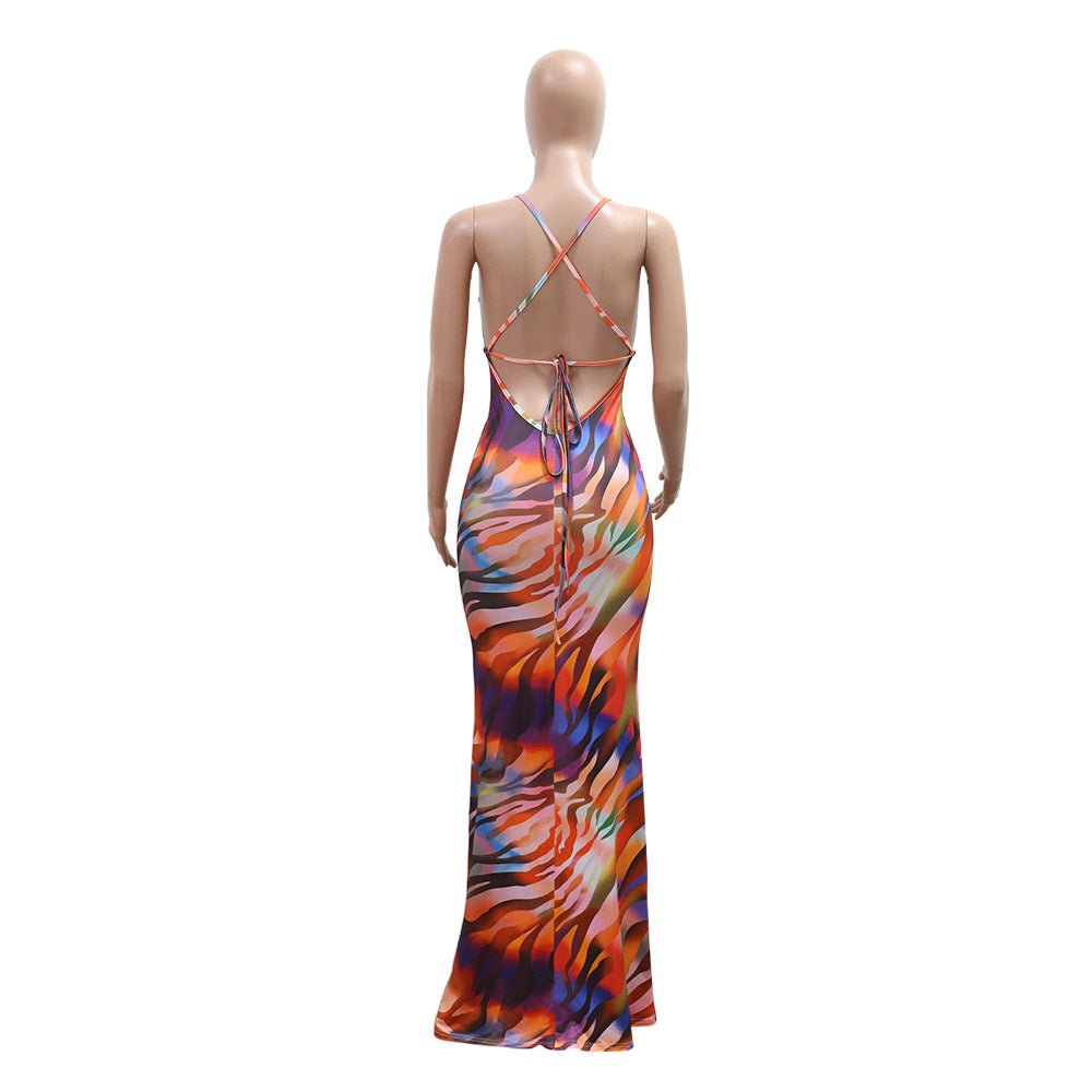 Women's fashion sexy lace patchwork halter v-neck Low Back print slim long dress 6