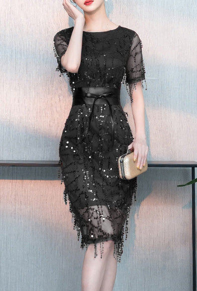 Tassel sequin lining high Elastic Satin with belt Maxi Slim Fit Chic dress party dress