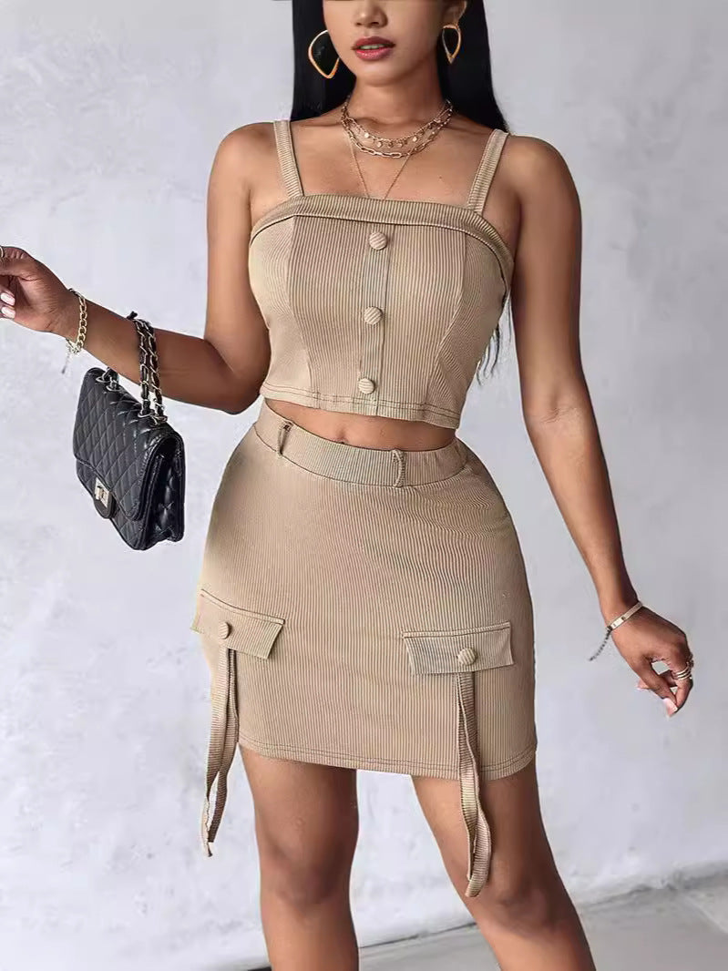 Women's Summer Autumn Button Square Neck Camisole Top Tight Slim Short Skirt Two Piece Set 5