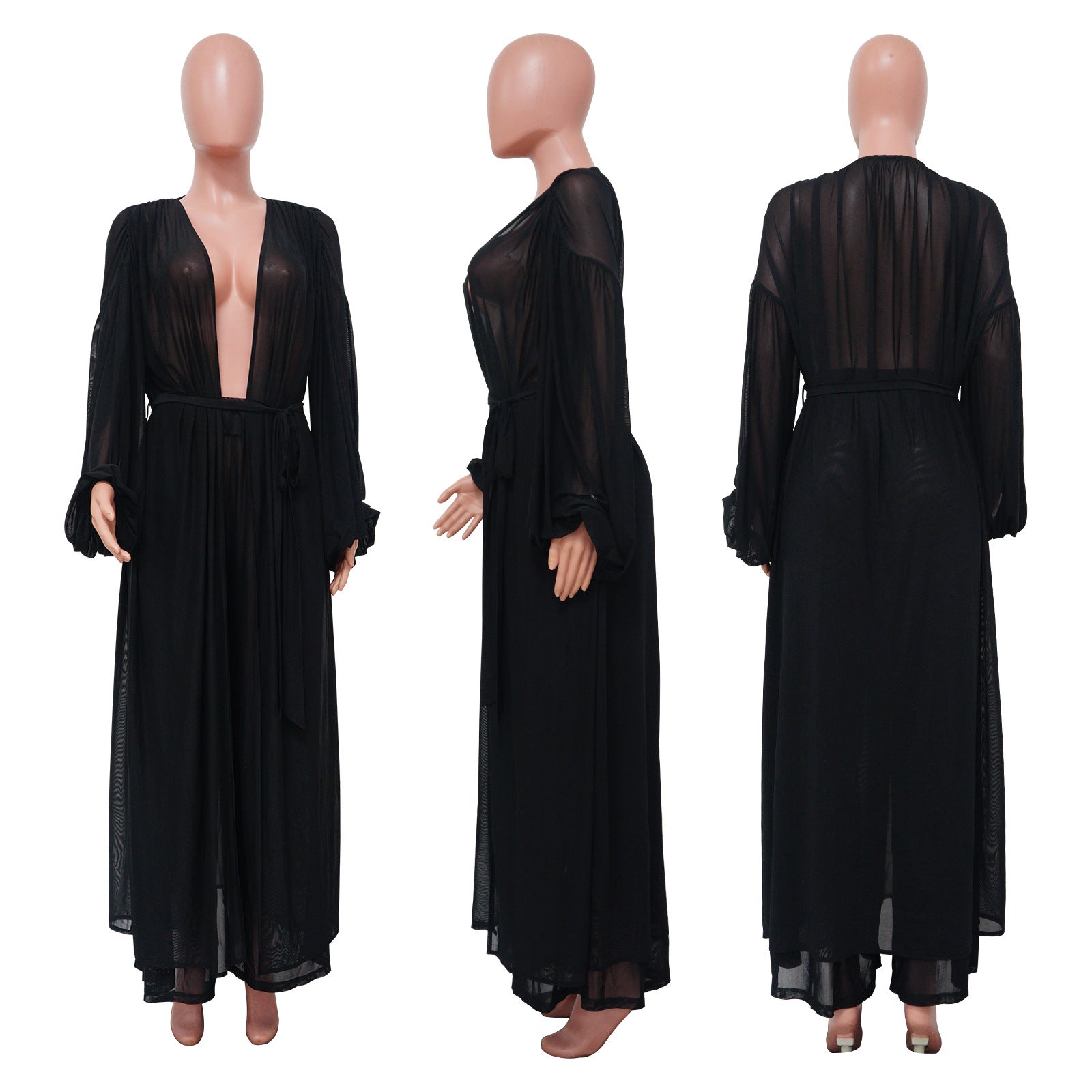 Fashion Ladies Solid Color Bat Sleeves Sexy See-Through Long Sleeve Pant Set 19