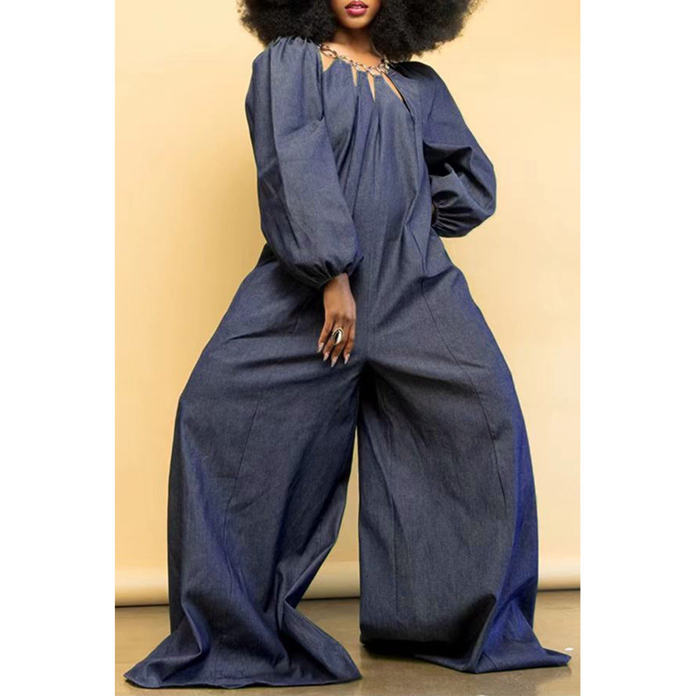 Women Metal Ring Collar Long Sleeve Wide Leg Loose Jumpsuit 3