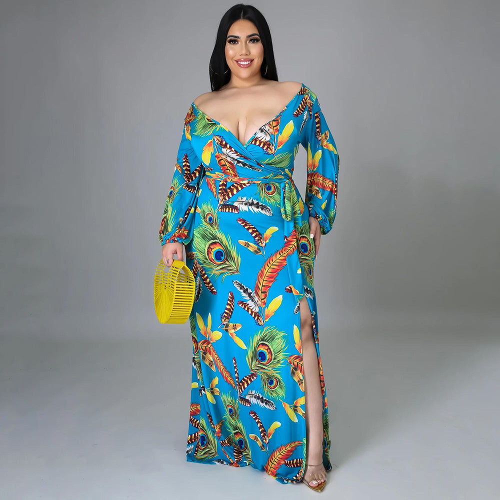 Plus Size Women Feather Print Sexy Slit Dress 5