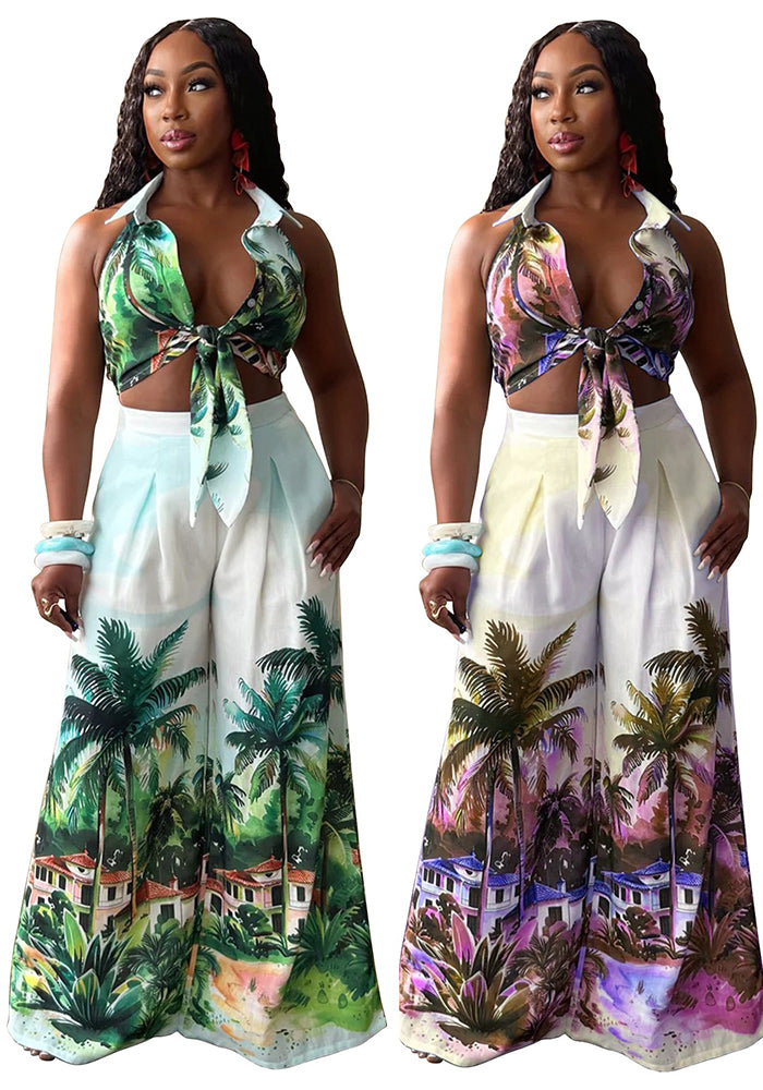 Women Printed Sleeveless Shirt and Wide Leg Pants Two Piece Set