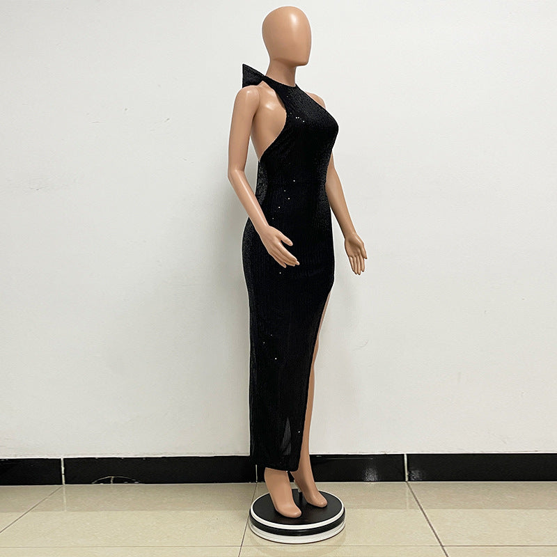 Women sequin split Halter Neck big bow Maxi Evening Dress 23