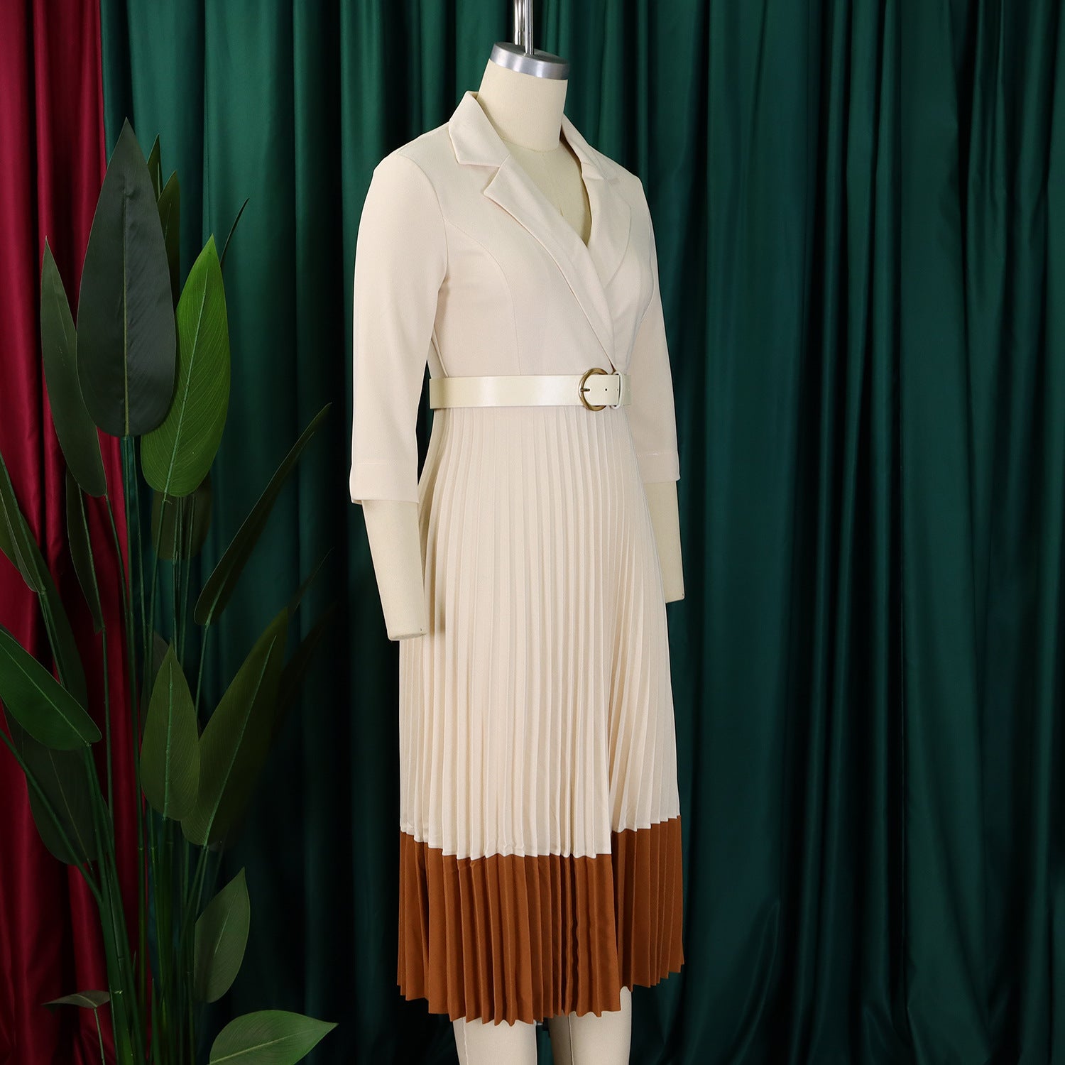 Women's Spring Turndown Collar Fashion Colorblock OL Elegant Pleated High Waist African Dress 10