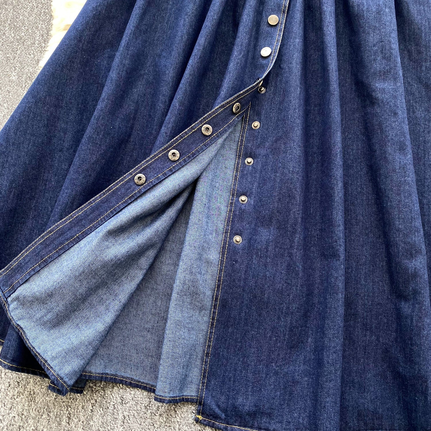 Women's Summer Deep V neck Slim Waist Buttoned Pleated Casual Denim Dress 9