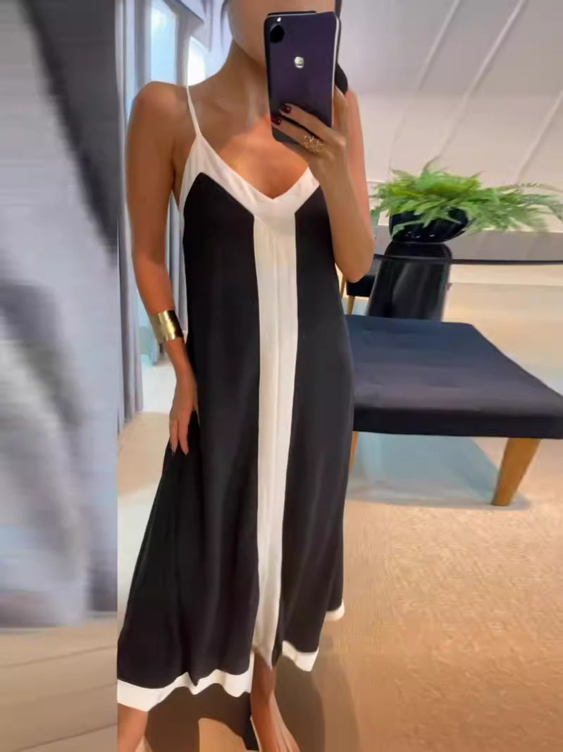 Women Elegant Contrast Color V Neck Strap Dress 4