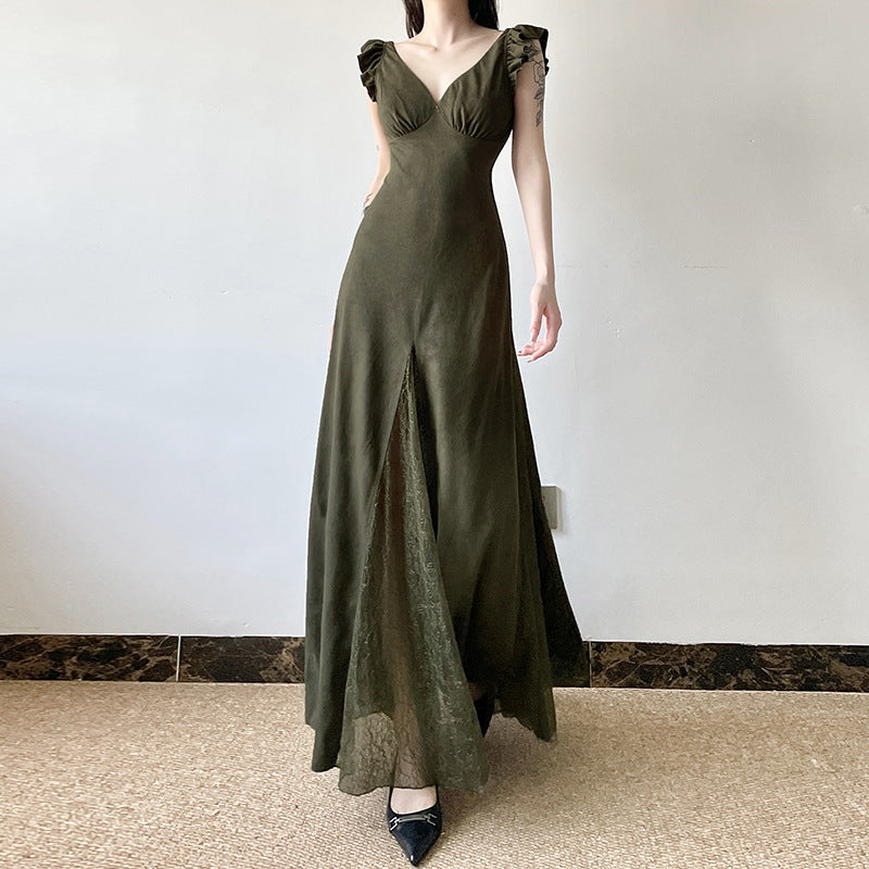 Vintage Olive Green Ruffled Patchwork Flying Sleeve Dress Chic V-Neck Slim Waist  A-Line Long Dress